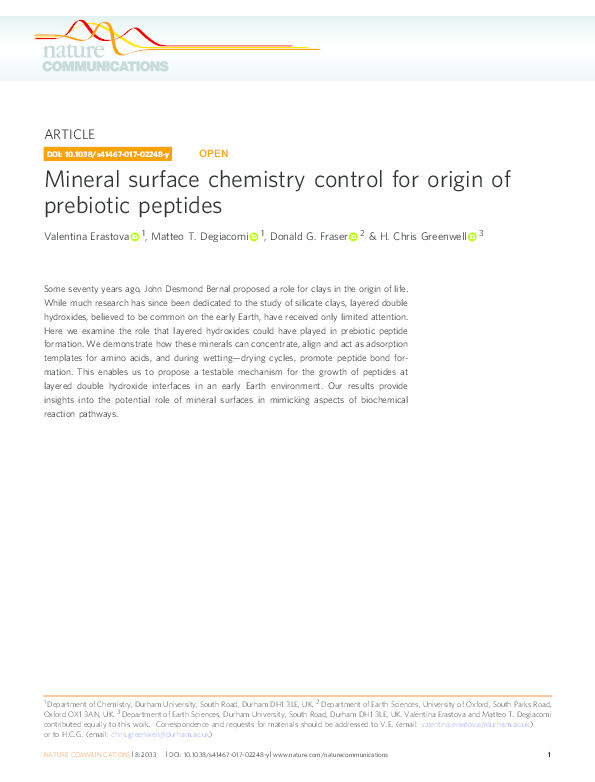 Mineral Surface Chemistry Control for Origin of Prebiotic Peptides Thumbnail