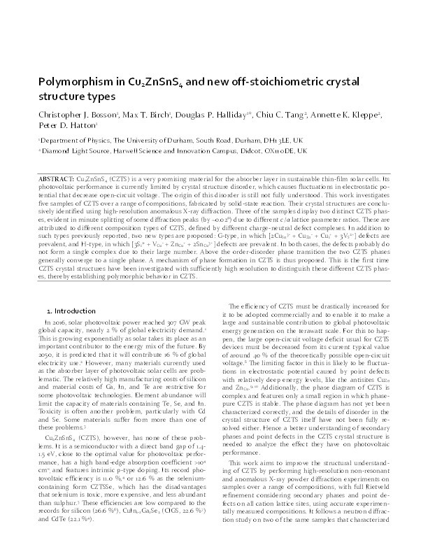 Polymorphism in Cu2ZnSnS4 and new off-stoichiometric crystal structure types Thumbnail