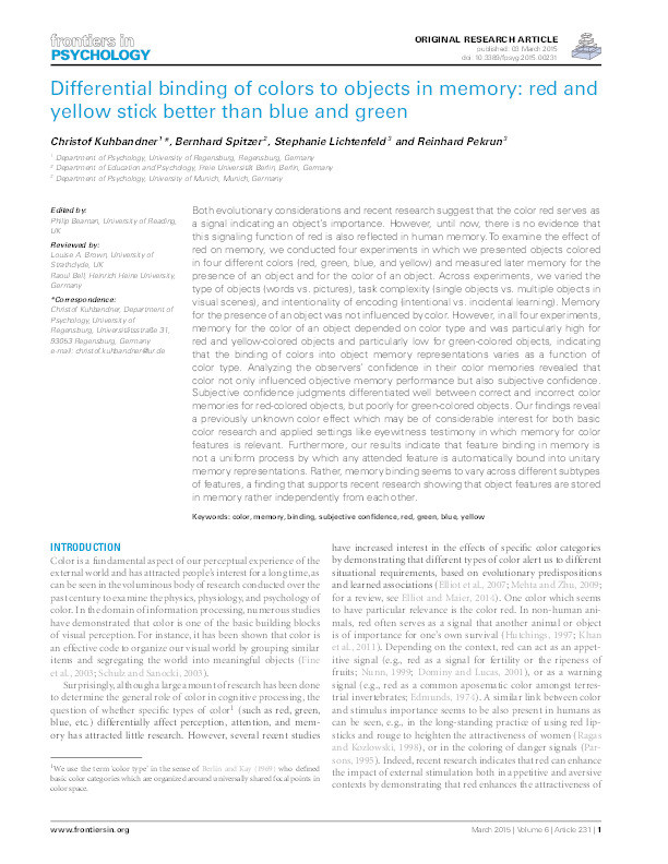 Differential binding of colors to objects in memory: Red and yellow stick better than blue and green Thumbnail