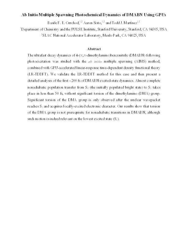Ab Initio Multiple Spawning Photochemical Dynamics of DMABN Using GPUs Thumbnail