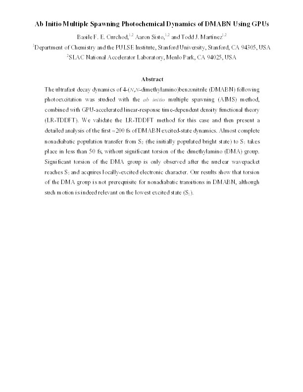 Ab Initio Multiple Spawning Photochemical Dynamics of DMABN Using GPUs Thumbnail