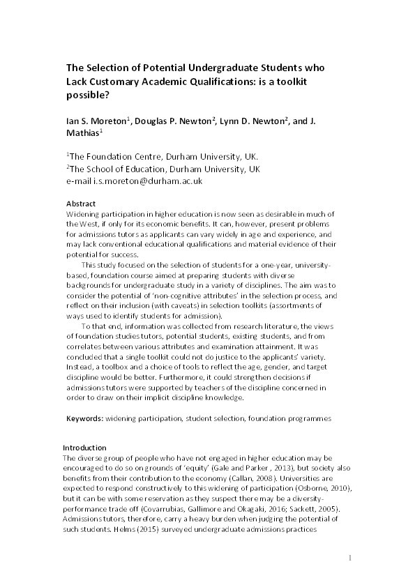 The Selection of Potential Undergraduate Students who Lack Customary Academic Qualifications: is a toolkit possible? Thumbnail