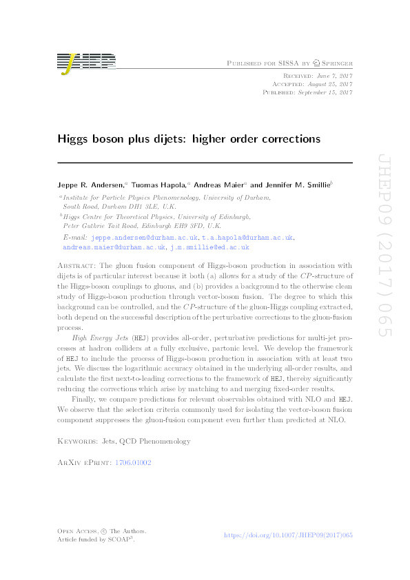 Higgs boson plus dijets: higher order corrections Thumbnail