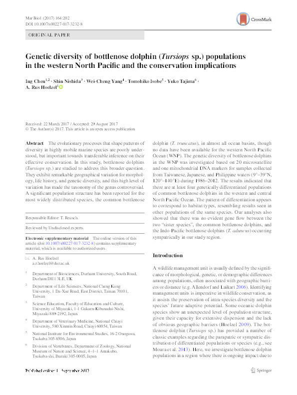 Genetic diversity of bottlenose dolphin (Tursiops sp.) populations in the western North Pacific and the conservation implications Thumbnail