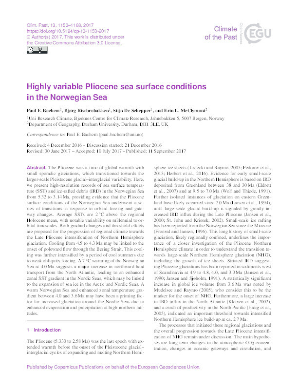 Highly variable Pliocene sea surface conditions in the Norwegian Sea Thumbnail