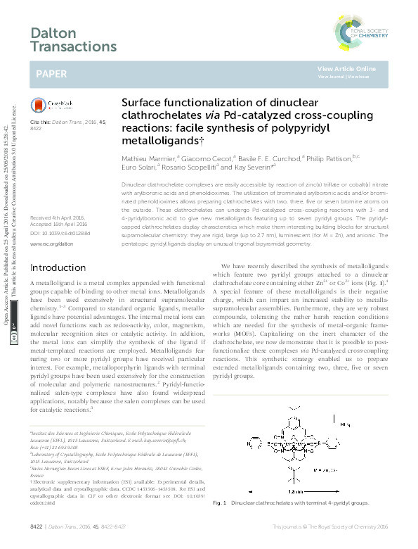 Surface functionalization of dinuclear clathrochelates via Pd-catalyzed cross-coupling reactions: facile synthesis of polypyridyl metalloligands Thumbnail