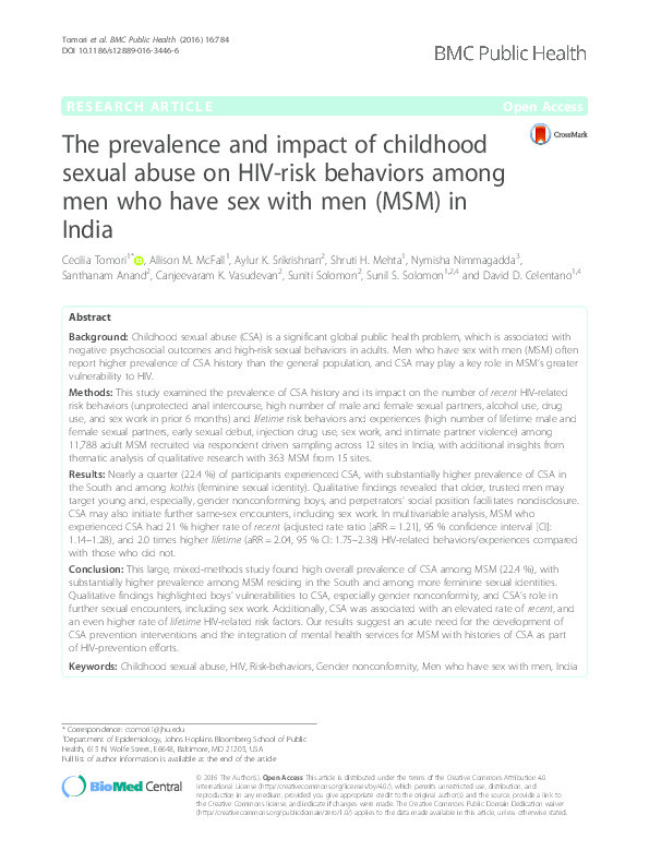The prevalence and impact of childhood sexual abuse on HIV-risk behaviors among men who have sex with men (MSM) in India Thumbnail
