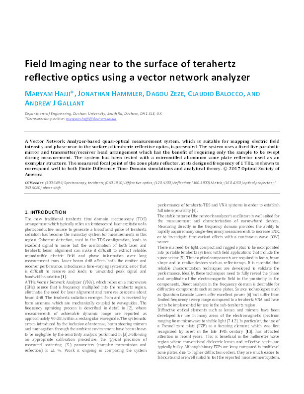 Field imaging near to the surface of terahertz reflective optics using a vector network analyzer Thumbnail
