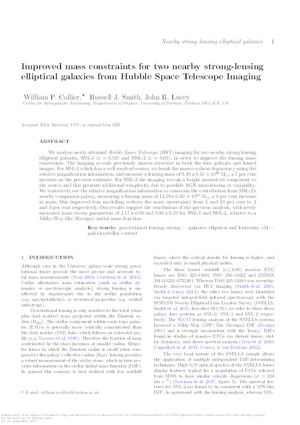 Improved mass constraints for two nearby strong-lensing elliptical galaxies from Hubble Space Telescope Imaging Thumbnail