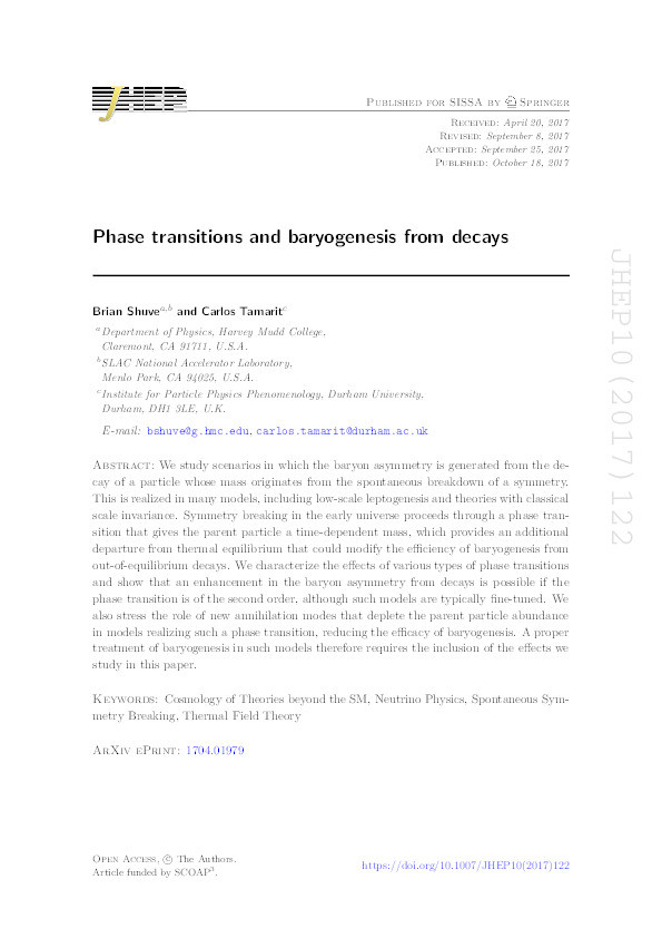 Phase transitions and baryogenesis from decays Thumbnail