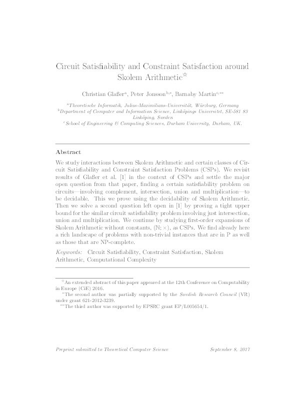 Circuit Satisfiability and Constraint Satisfaction around Skolem Arithmetic Thumbnail