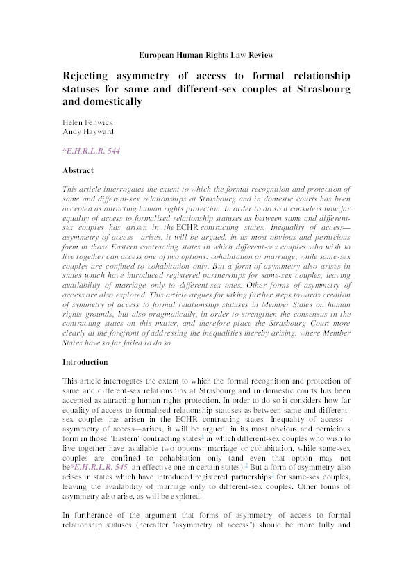 Rejecting Asymmetry of Access to Formal Relationship Statuses for Same and Different-Sex Couples at Strasbourg and Domestically Thumbnail