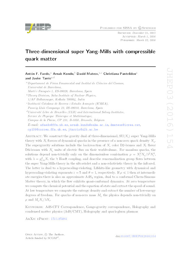Three-dimensional super Yang-Mills with compressible quark matter Thumbnail