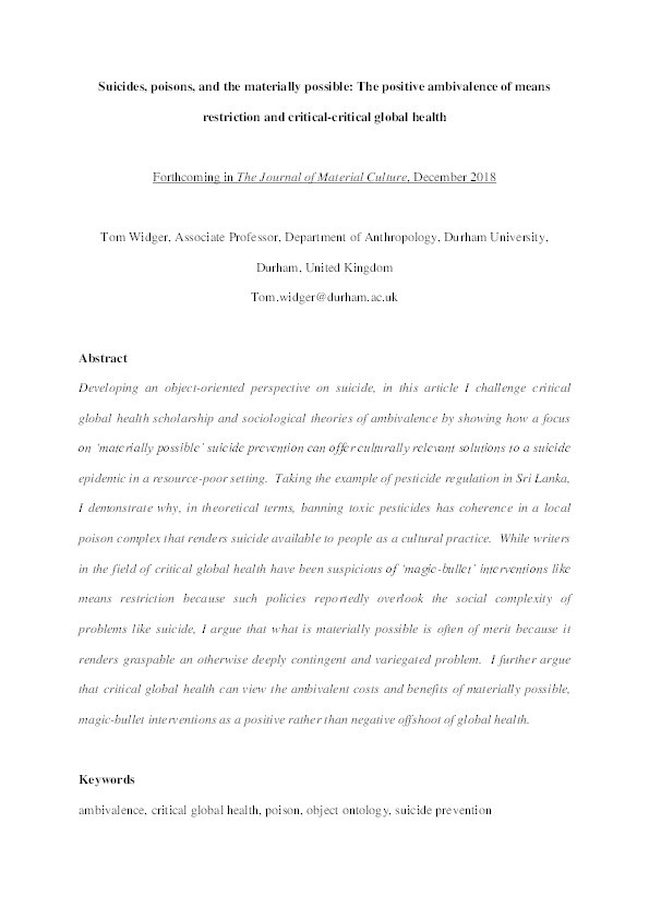 Suicides, poisons and the materially possible: The positive ambivalence of means restriction and critical–critical global health Thumbnail