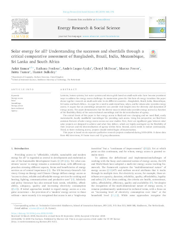 Solar energy for all? Understanding the successes and shortfalls through a critical comparative assessment of Bangladesh, Brazil, India, Mozambique, Sri Lanka and South Africa Thumbnail