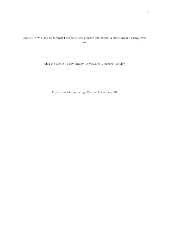 Anxiety in Williams Syndrome: The role of social behaviour, executive functions and change over time Thumbnail