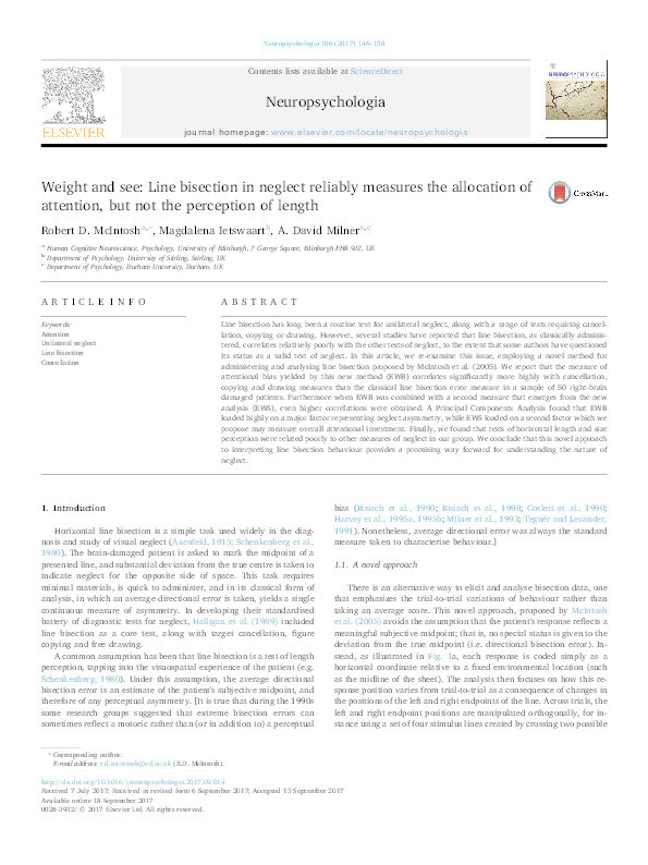 Weight and see: Line bisection in neglect reliably measures the allocation of attention, but not the perception of length Thumbnail