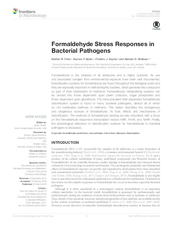 Formaldehyde Stress Responses in Bacterial Pathogens Thumbnail