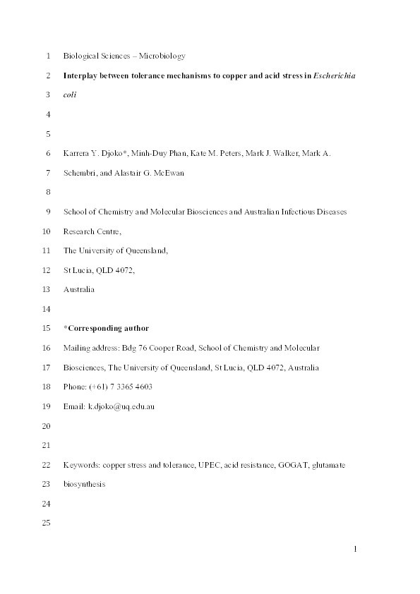 Interplay between tolerance mechanisms to copper and acid stress in Escherichia coli Thumbnail