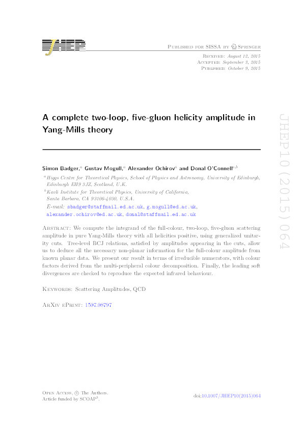 A complete two-loop, five-gluon helicity amplitude in Yang-Mills theory Thumbnail