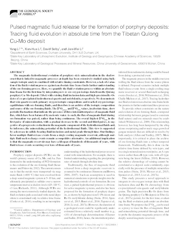 Pulsed magmatic-fluid release for the formation of porphyry deposits: tracing fluid evolution in absolute time from the Tibetan Qulong Cu-Mo deposit Thumbnail