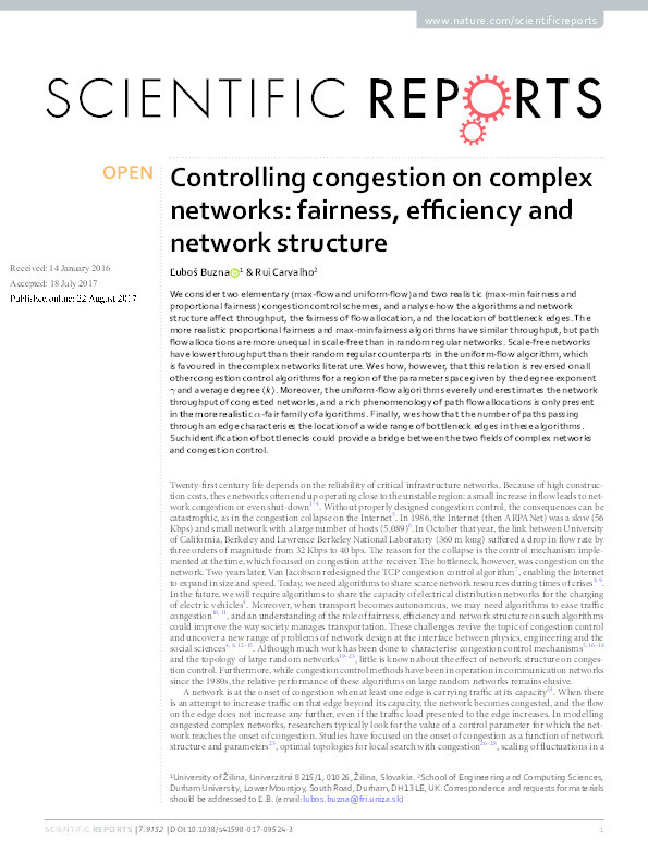 Controlling congestion on complex networks: fairness, efficiency and network structure Thumbnail