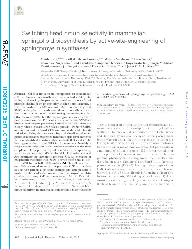 Switching head group selectivity in mammalian sphingolipid biosynthesis by active-site-engineering of sphingomyelin synthases Thumbnail