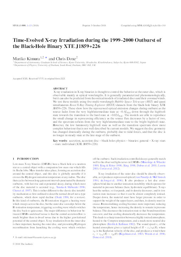 Evolution of X-ray irradiation during the 1999–2000 outburst of the black hole binary XTE J1859 + 226 Thumbnail