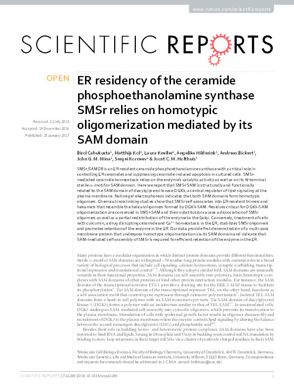 ER residency of the ceramide phosphoethanolamine synthase SMSr relies on homotypic oligomerization mediated by its SAM domain Thumbnail