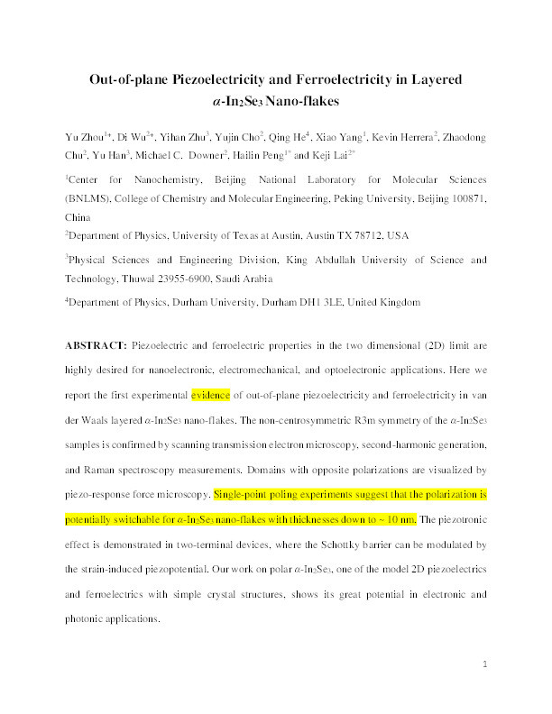 Out-of-Plane Piezoelectricity and Ferroelectricity in Layered α-In2Se3 Nanoflakes Thumbnail