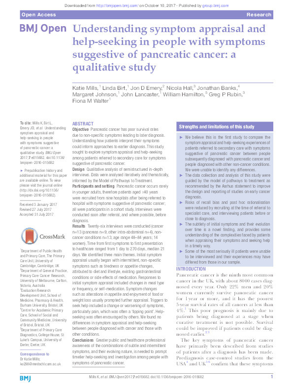 Understanding symptom appraisal and help-seeking in people with symptoms suggestive of pancreatic cancer: a qualitative study Thumbnail