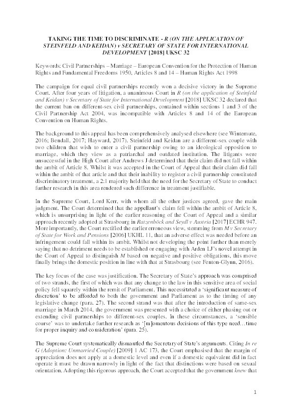 Taking the Time to Discriminate - R (on the application of Steinfeld and Keidan) v Secretary of State for International Development Thumbnail