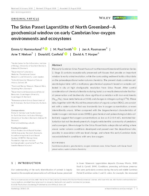 The Sirius Passet Lagerstätte of North Greenland—A geochemical window on early Cambrian low‐oxygen environments and ecosystems Thumbnail