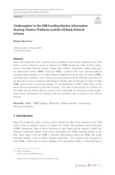 ‘Undisruption’ in the SME funding market: information sharing, finance platforms and the UK bank referral scheme Thumbnail