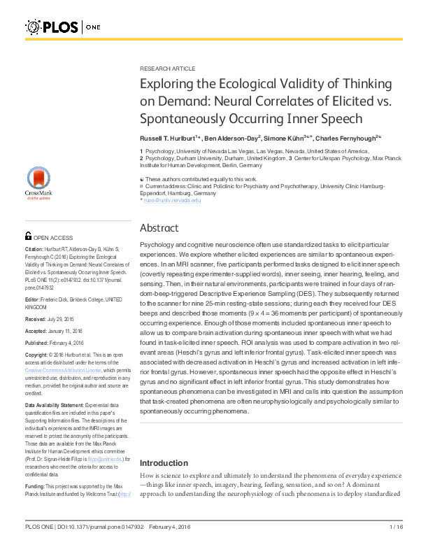 Exploring the Ecological Validity of Thinking on Demand: Neural Correlates of Elicited vs. Spontaneously Occurring Inner Speech Thumbnail