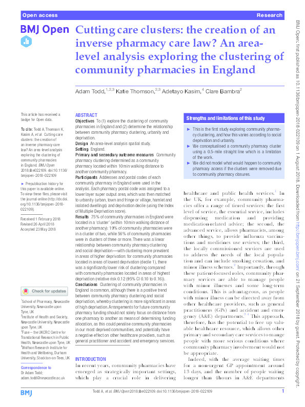 Cutting care clusters: the creation of an inverse pharmacy care law? An area-level analysis exploring the clustering of community pharmacies in England Thumbnail