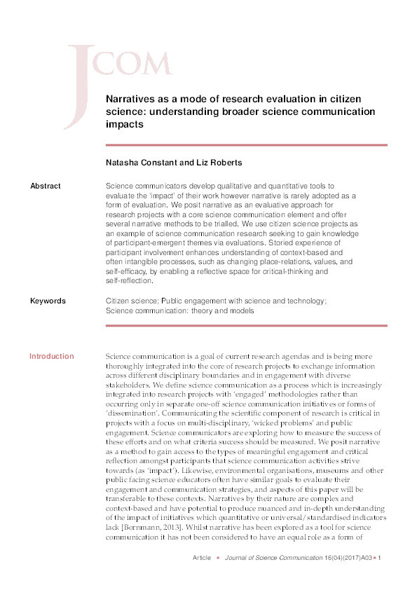 Narratives as a mode of research evaluation in citizen science: understanding broader science communication impacts Thumbnail