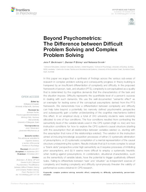 Beyond psychometrics: the difference between difficult problem solving and complex problem solving Thumbnail