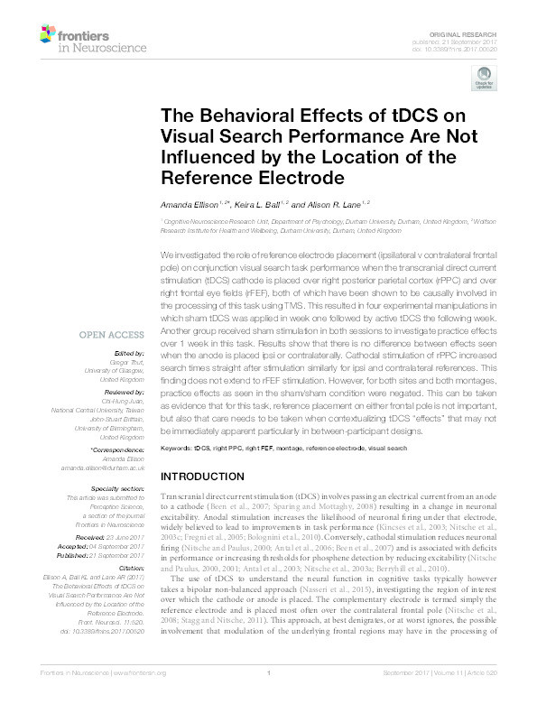 The Behavioral Effects of tDCS on Visual Search Performance Are Not Influenced by the Location of the Reference Electrode Thumbnail