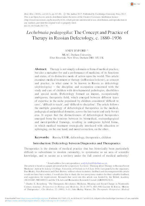 Lechebnaia pedagogika: The Concept and Practice of Therapy in Russian Defectology, c. 1880–1936 Thumbnail