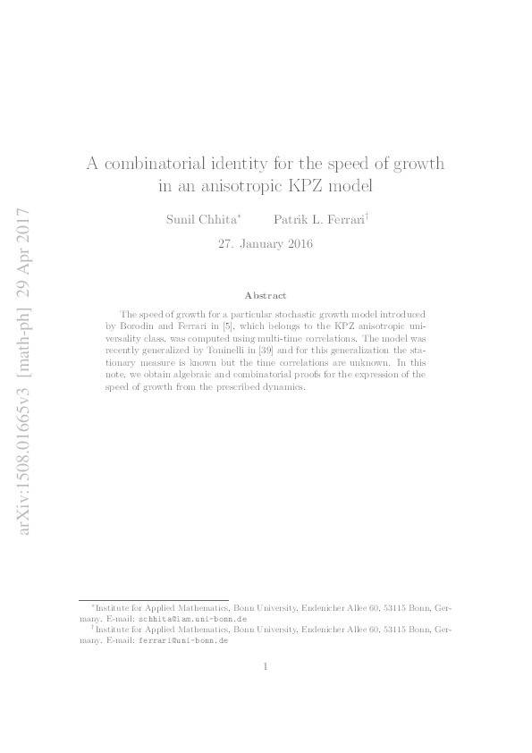 A combinatorial identity for the speed of growth in an anisotropic KPZ model Thumbnail