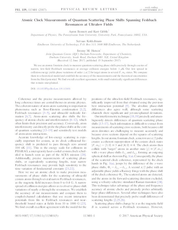 Atomic clock measurements of quantum scattering phase shifts spanning Feshbach resonances at ultralow fields Thumbnail