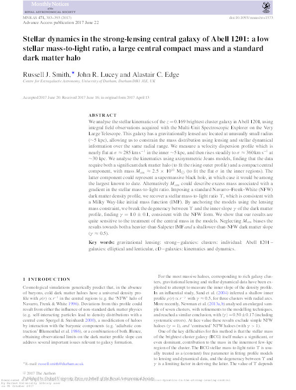 Stellar dynamics in the strong-lensing central galaxy of Abell 1201: a low stellar mass-to-light ratio, a large central compact mass and a standard dark matter halo Thumbnail