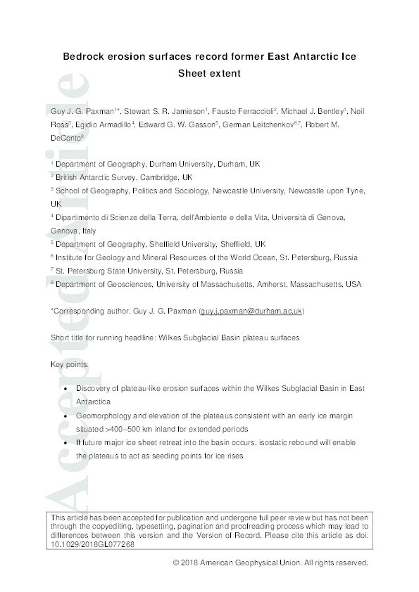 Bedrock erosion surfaces record former East Antarctic Ice Sheet extent Thumbnail