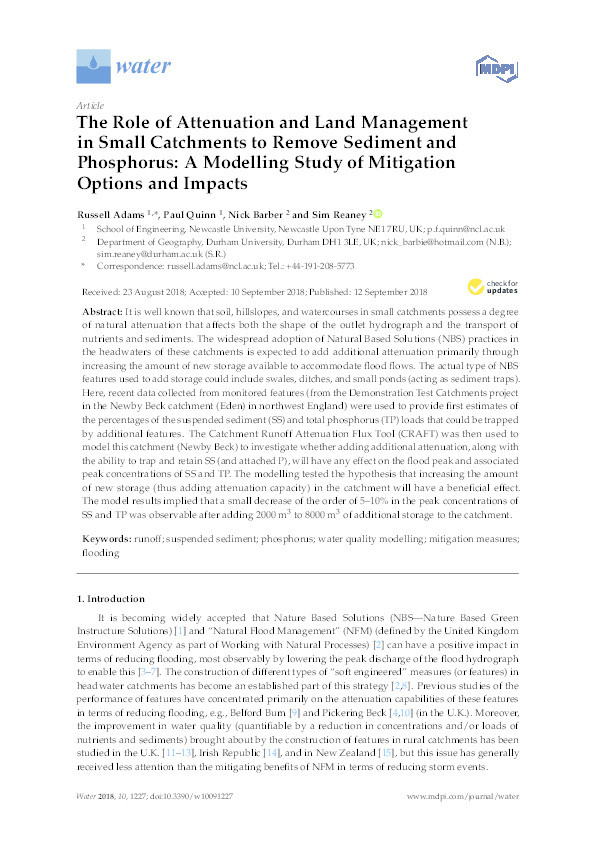 The Role of Attenuation and Land Management in Small Catchments to Remove Sediment and Phosphorus: A Modelling Study of Mitigation Options and Impacts Thumbnail