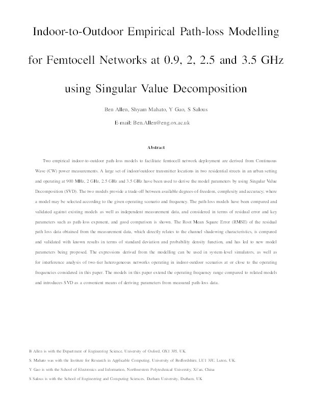 Indoor-to-outdoor empirical path loss modelling for femtocell networks at 0.9, 2, 2.5 and 3.5 GHz using singular value decomposition Thumbnail