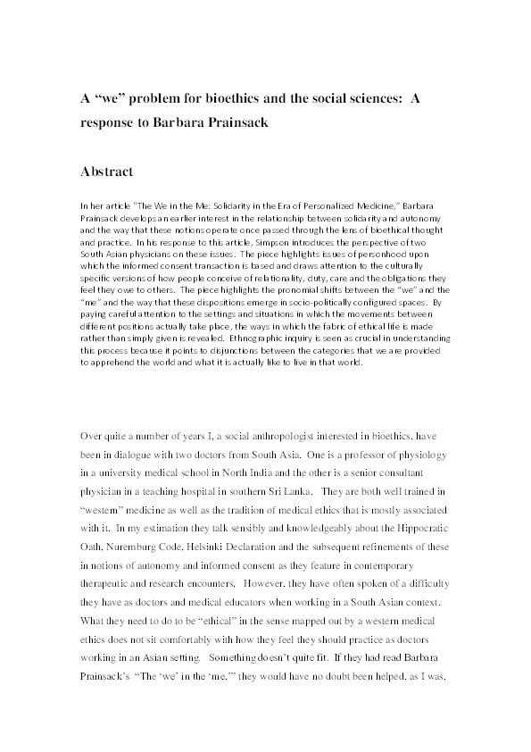 A “we” problem for bioethics and the social sciences: A response to Barbara Prainsack Thumbnail