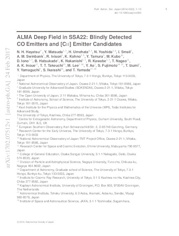 ALMA deep field in SSA22: Blindly detected CO emitters and [C ii] emitter candidates Thumbnail