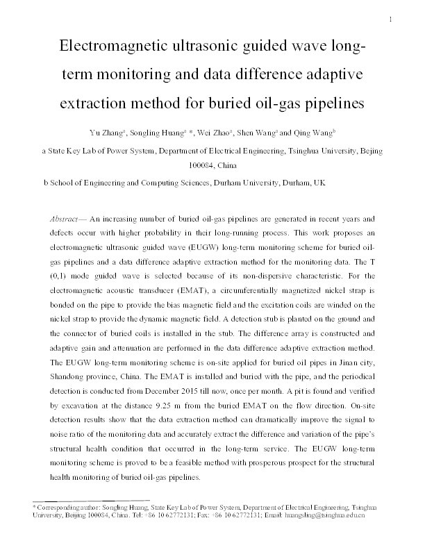 Electromagnetic ultrasonic guided wave long-term monitoring and data difference adaptive extraction method for buried oil-gas pipelines Thumbnail