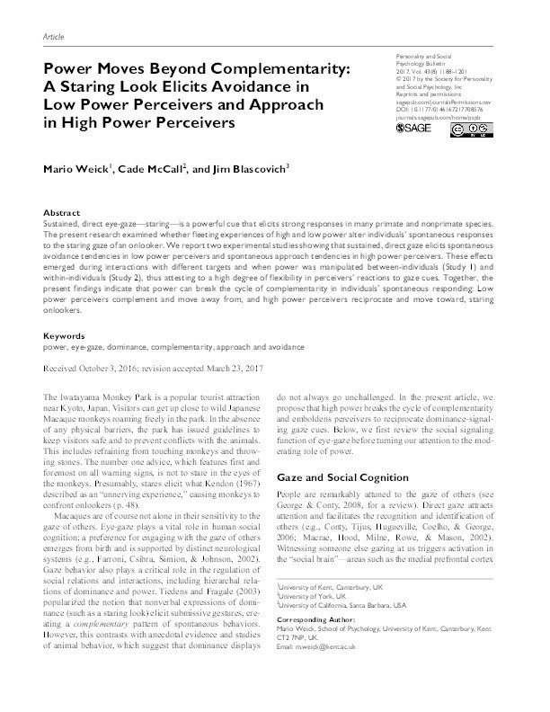 Power moves beyond complementarity: A staring look elicits avoidance in low power perceivers and approach in high power perceivers Thumbnail